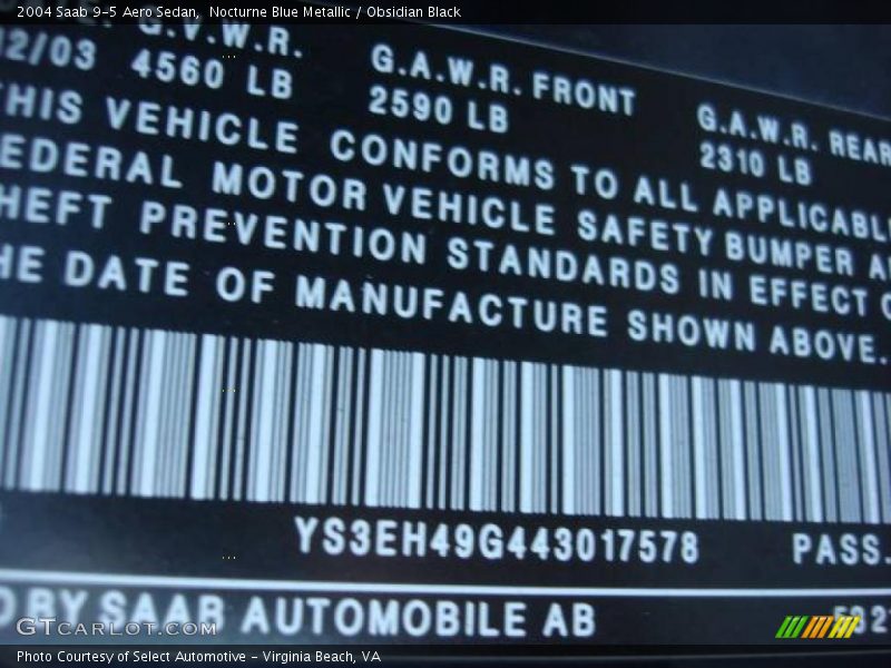 Nocturne Blue Metallic / Obsidian Black 2004 Saab 9-5 Aero Sedan