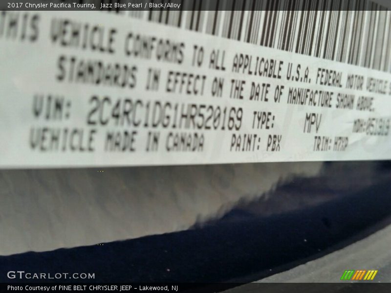 Jazz Blue Pearl / Black/Alloy 2017 Chrysler Pacifica Touring