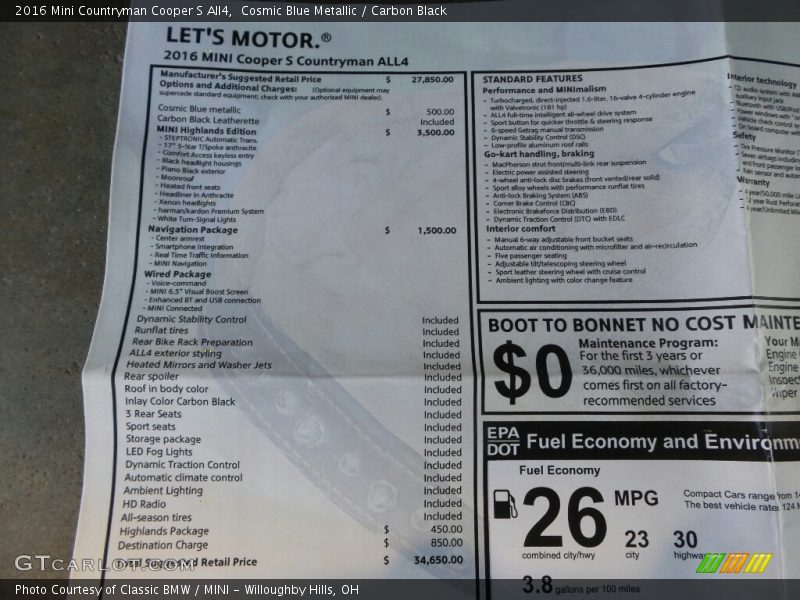 Cosmic Blue Metallic / Carbon Black 2016 Mini Countryman Cooper S All4