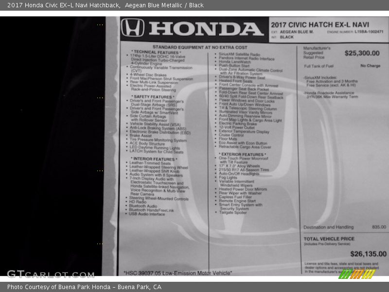 2017 Civic EX-L Navi Hatchback Window Sticker