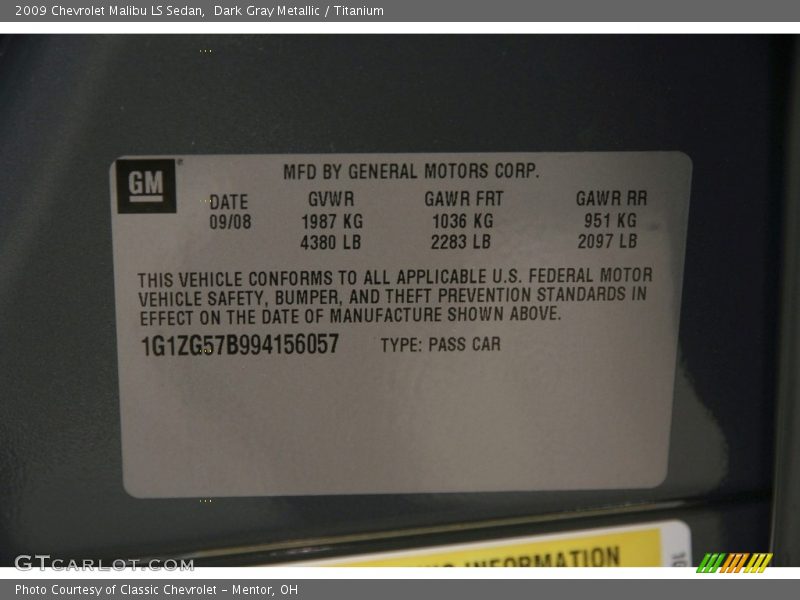 Dark Gray Metallic / Titanium 2009 Chevrolet Malibu LS Sedan