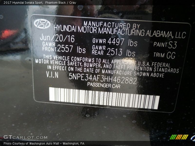 2017 Sonata Sport Phantom Black Color Code S3