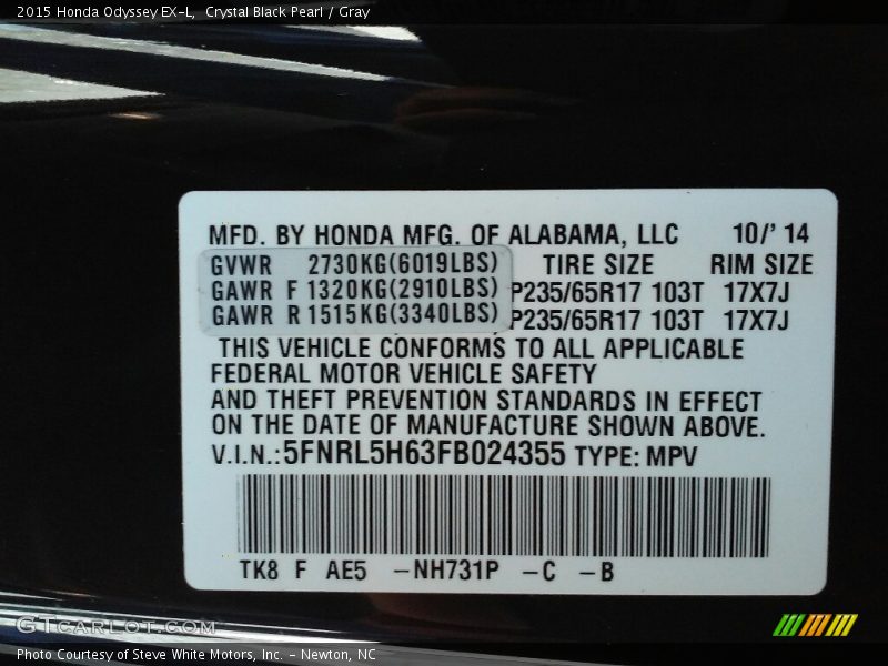 Crystal Black Pearl / Gray 2015 Honda Odyssey EX-L