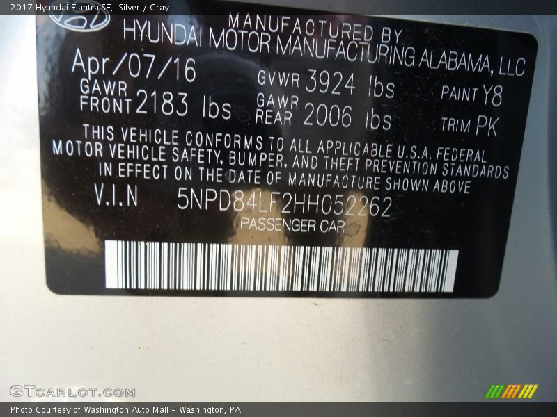 Silver / Gray 2017 Hyundai Elantra SE