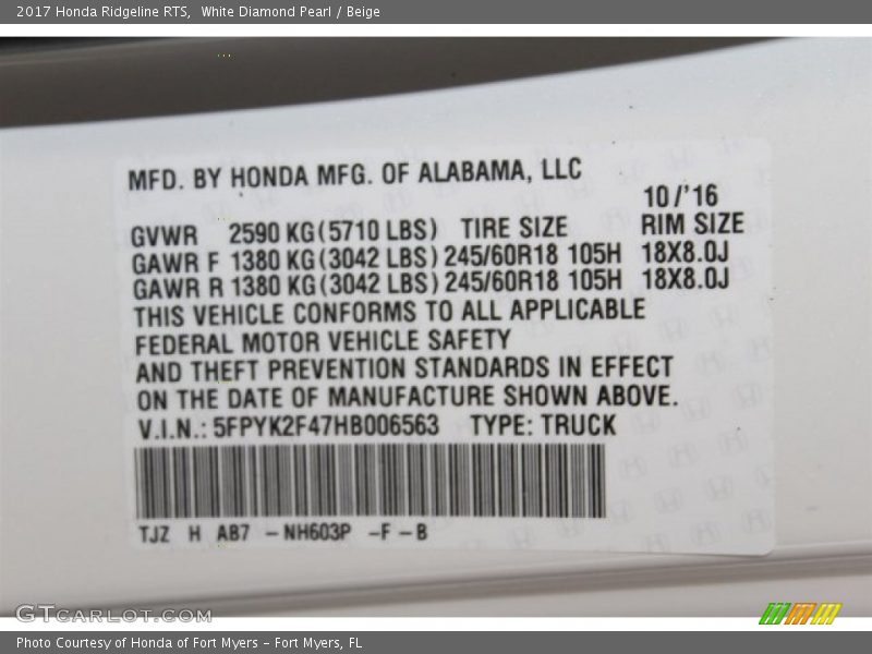 White Diamond Pearl / Beige 2017 Honda Ridgeline RTS