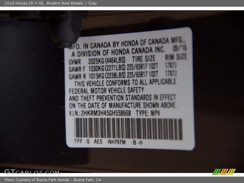 Modern Steel Metallic / Gray 2016 Honda CR-V SE