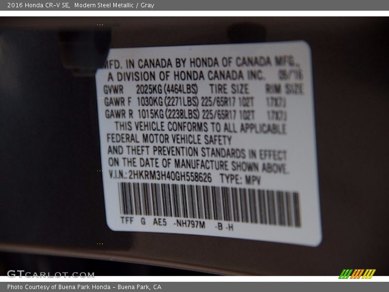 Modern Steel Metallic / Gray 2016 Honda CR-V SE
