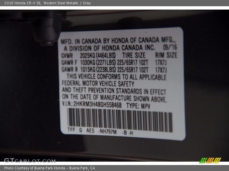 Modern Steel Metallic / Gray 2016 Honda CR-V SE