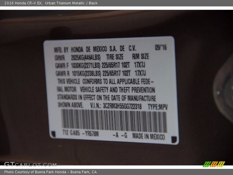 Urban Titanium Metallic / Black 2016 Honda CR-V EX