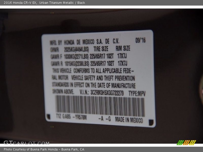 Urban Titanium Metallic / Black 2016 Honda CR-V EX
