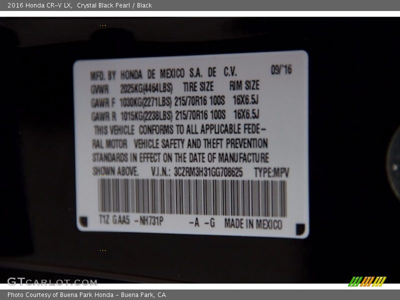 Crystal Black Pearl / Black 2016 Honda CR-V LX