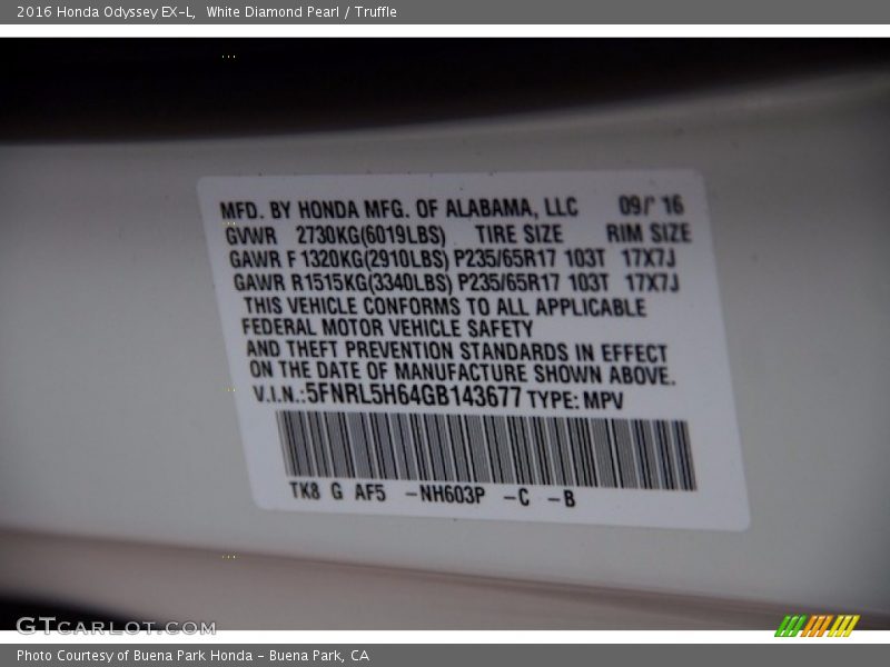 White Diamond Pearl / Truffle 2016 Honda Odyssey EX-L