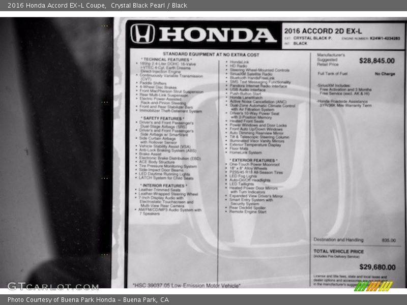 Crystal Black Pearl / Black 2016 Honda Accord EX-L Coupe