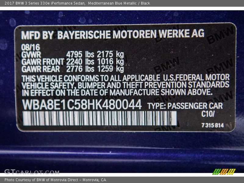 2017 3 Series 330e iPerfomance Sedan Mediterranean Blue Metallic Color Code C10