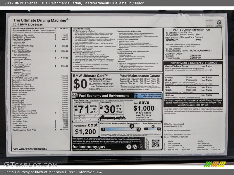  2017 3 Series 330e iPerfomance Sedan Window Sticker