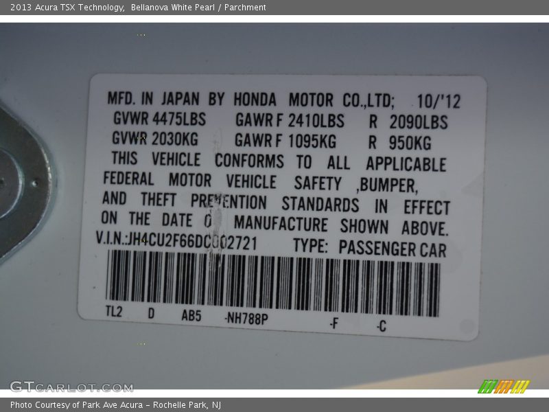 Bellanova White Pearl / Parchment 2013 Acura TSX Technology