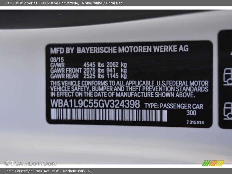 Alpine White / Coral Red 2016 BMW 2 Series 228i xDrive Convertible