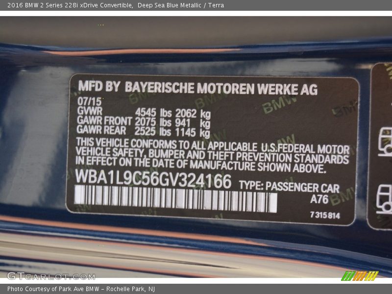 2016 2 Series 228i xDrive Convertible Deep Sea Blue Metallic Color Code A76