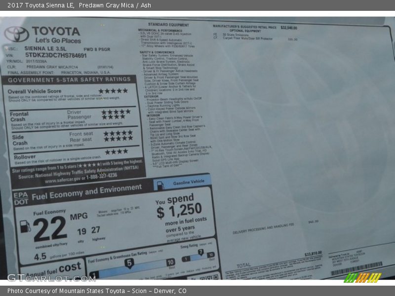 Predawn Gray Mica / Ash 2017 Toyota Sienna LE