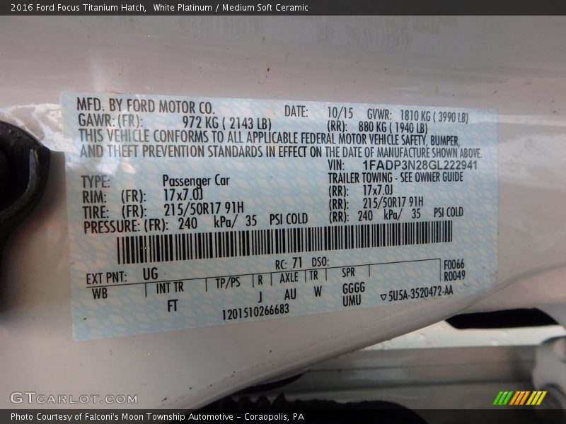 White Platinum / Medium Soft Ceramic 2016 Ford Focus Titanium Hatch