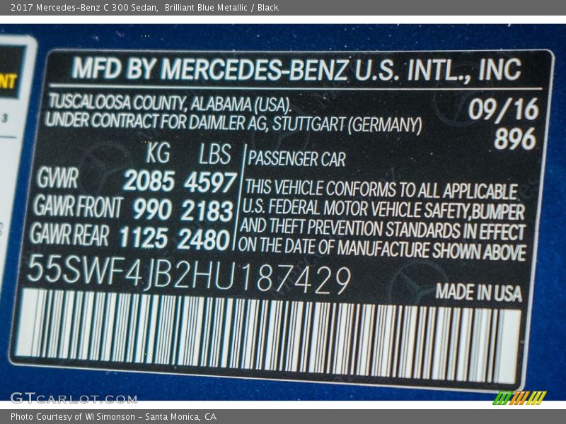 2017 C 300 Sedan Brilliant Blue Metallic Color Code 896