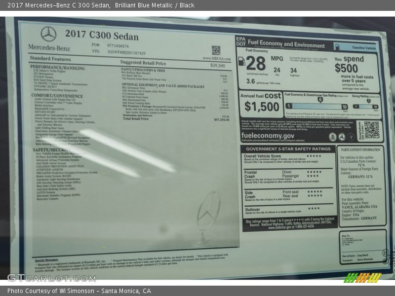  2017 C 300 Sedan Window Sticker