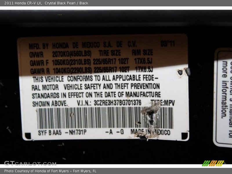 Crystal Black Pearl / Black 2011 Honda CR-V LX
