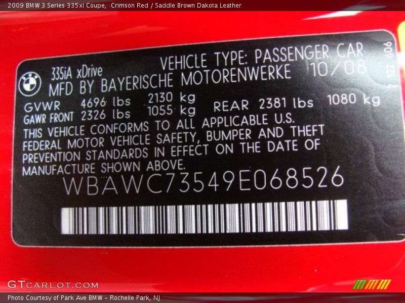 Crimson Red / Saddle Brown Dakota Leather 2009 BMW 3 Series 335xi Coupe