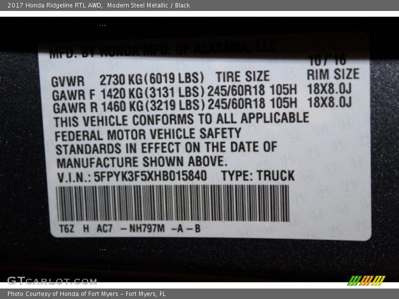 2017 Ridgeline RTL AWD Modern Steel Metallic Color Code NH797M
