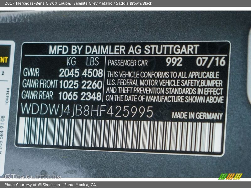 2017 C 300 Coupe Selenite Grey Metallic Color Code 992