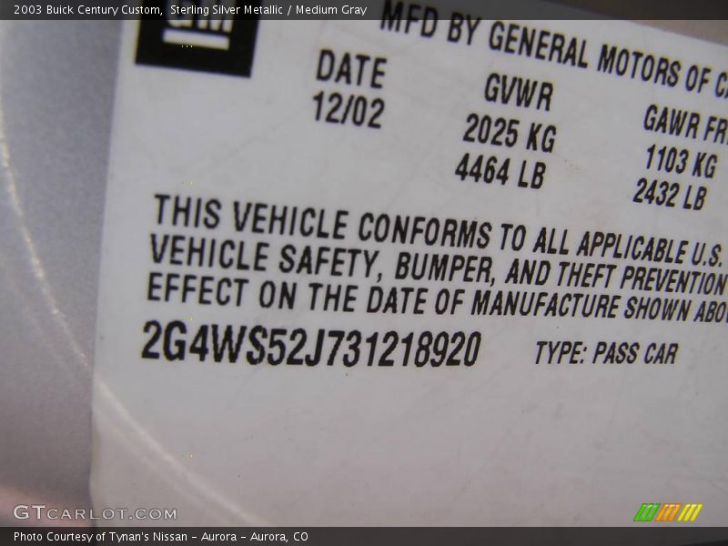 Sterling Silver Metallic / Medium Gray 2003 Buick Century Custom