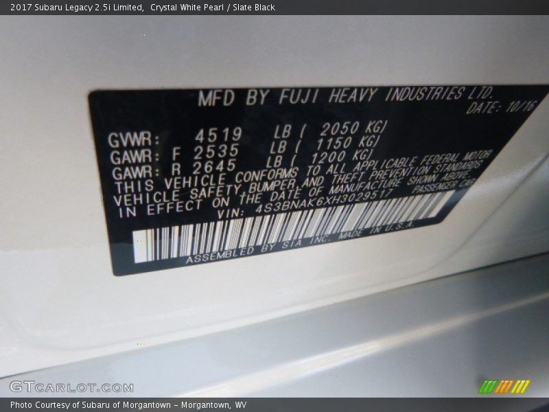 Crystal White Pearl / Slate Black 2017 Subaru Legacy 2.5i Limited