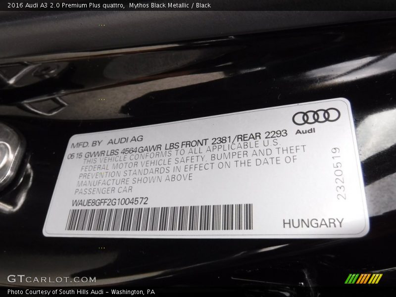 Mythos Black Metallic / Black 2016 Audi A3 2.0 Premium Plus quattro