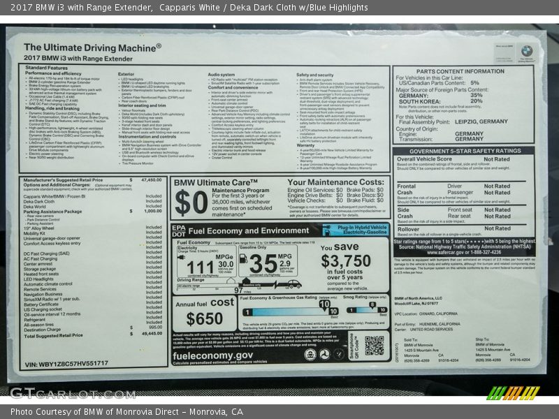 Capparis White / Deka Dark Cloth w/Blue Highlights 2017 BMW i3 with Range Extender