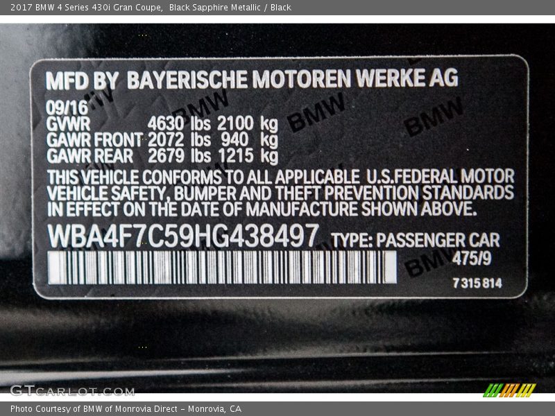 Black Sapphire Metallic / Black 2017 BMW 4 Series 430i Gran Coupe