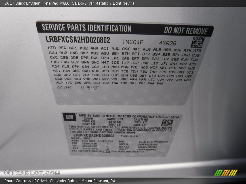 Galaxy Silver Metallic / Light Neutral 2017 Buick Envision Preferred AWD