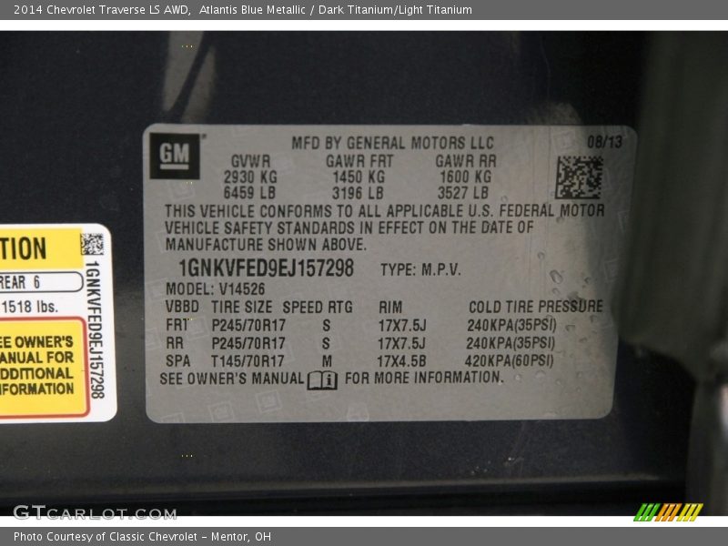 Atlantis Blue Metallic / Dark Titanium/Light Titanium 2014 Chevrolet Traverse LS AWD