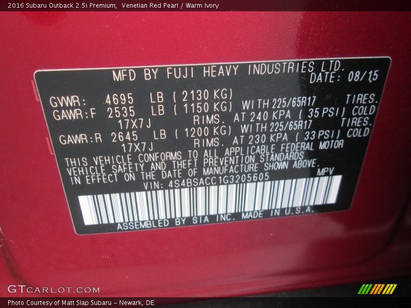 Venetian Red Pearl / Warm Ivory 2016 Subaru Outback 2.5i Premium