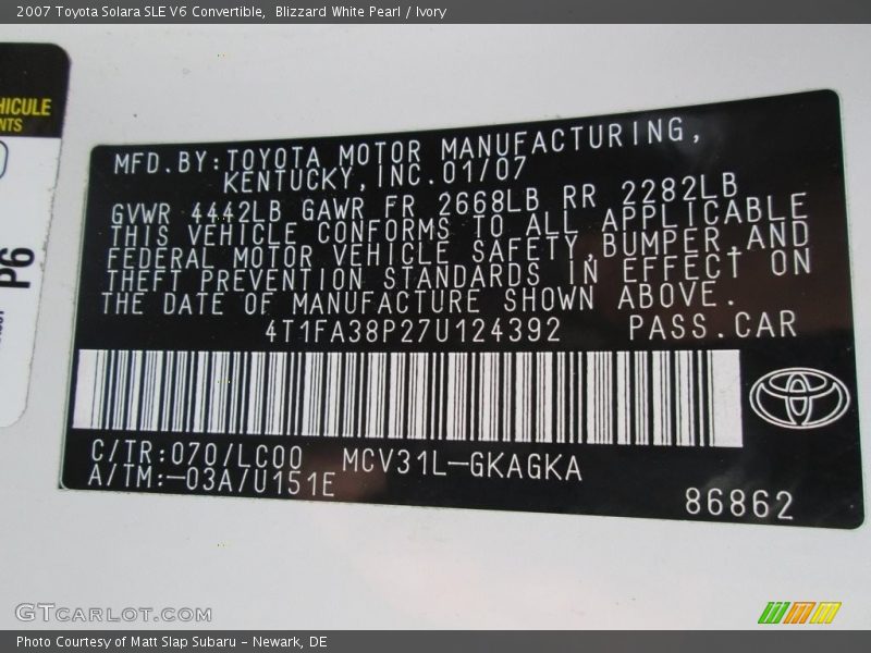 Blizzard White Pearl / Ivory 2007 Toyota Solara SLE V6 Convertible