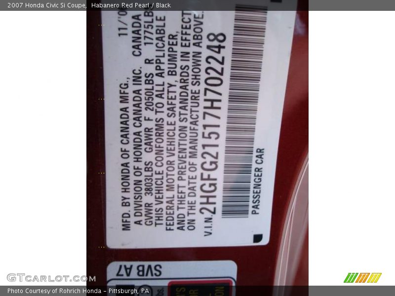 Habanero Red Pearl / Black 2007 Honda Civic Si Coupe