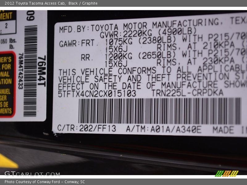 Black / Graphite 2012 Toyota Tacoma Access Cab