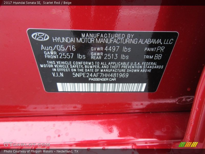2017 Sonata SE Scarlet Red Color Code PR