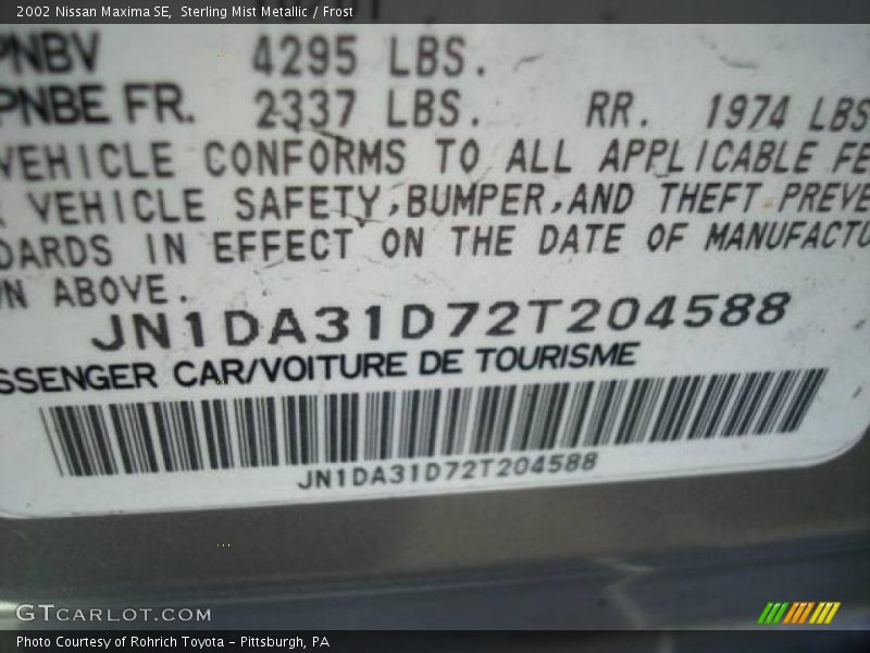 Sterling Mist Metallic / Frost 2002 Nissan Maxima SE