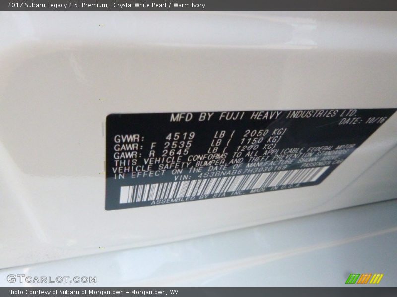 Crystal White Pearl / Warm Ivory 2017 Subaru Legacy 2.5i Premium