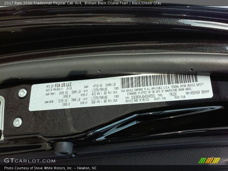 2017 3500 Tradesman Regular Cab 4x4 Brilliant Black Crystal Pearl Color Code PXR