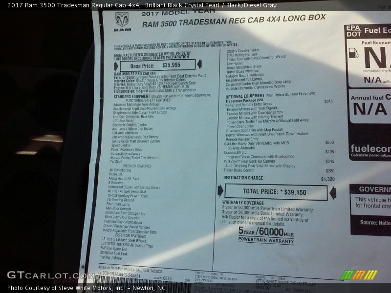  2017 3500 Tradesman Regular Cab 4x4 Window Sticker