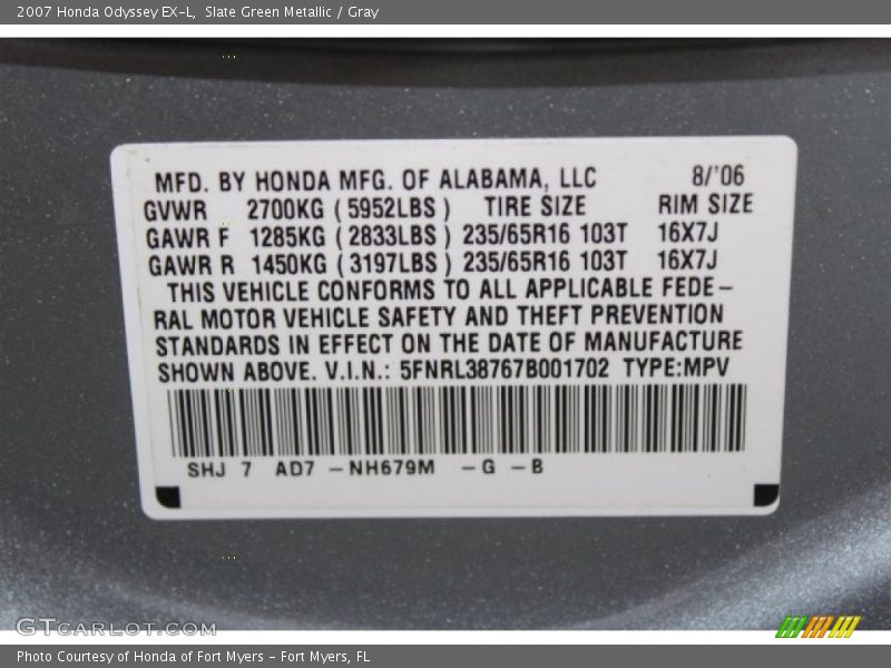 Slate Green Metallic / Gray 2007 Honda Odyssey EX-L