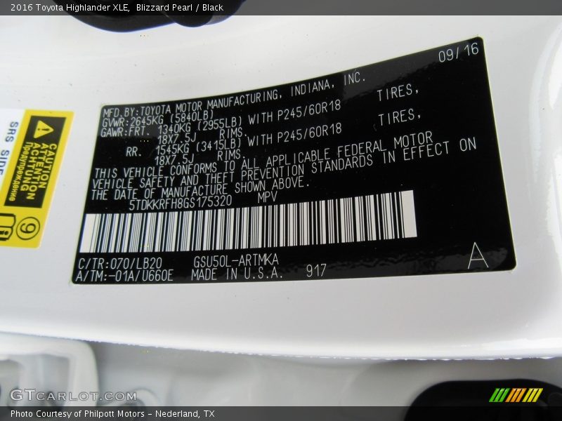 Blizzard Pearl / Black 2016 Toyota Highlander XLE