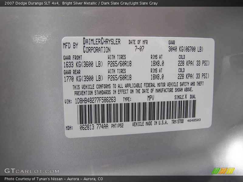 Bright Silver Metallic / Dark Slate Gray/Light Slate Gray 2007 Dodge Durango SLT 4x4