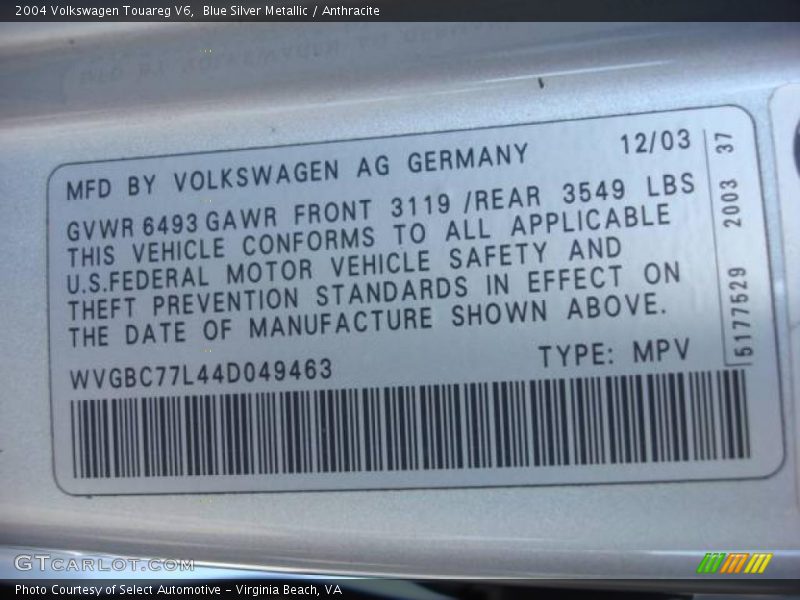 Blue Silver Metallic / Anthracite 2004 Volkswagen Touareg V6